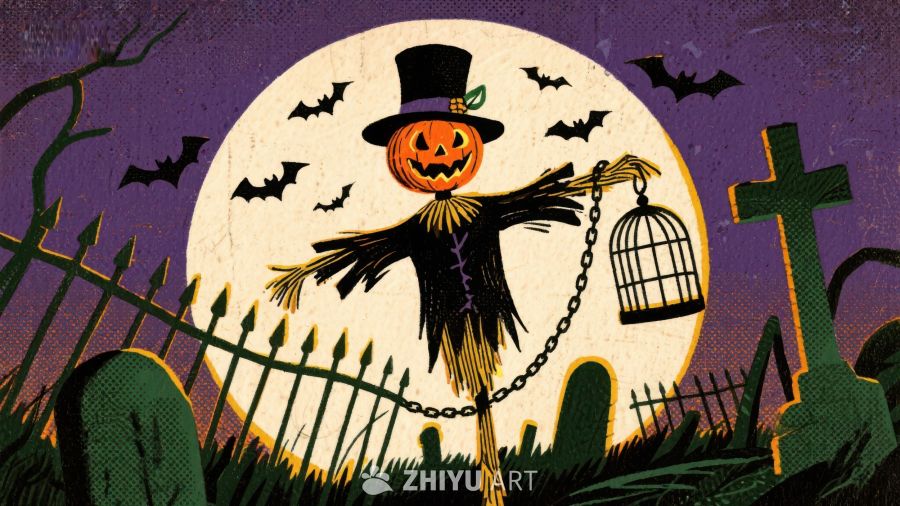 万圣节南瓜头稻草人夜景