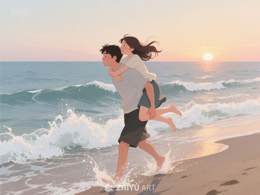 海边日落，背影奔跑 198