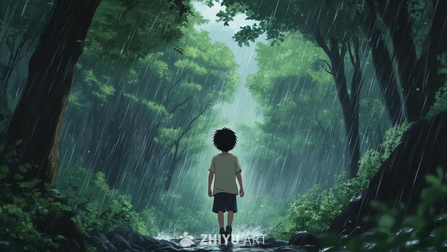 狂风穿过树林，雨倾盆而下，阴暗而原始的森林中，一个