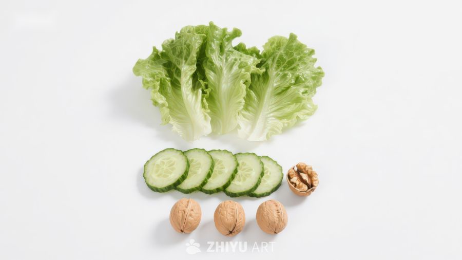 生菜黄瓜核桃静物摆拍