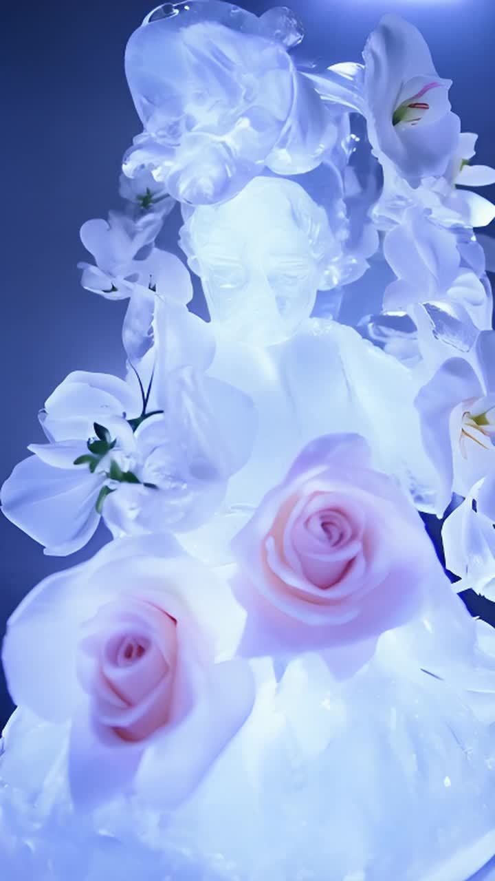 一个冰雕女人像，内部包裹着精致的花朵，包括玫瑰和兰