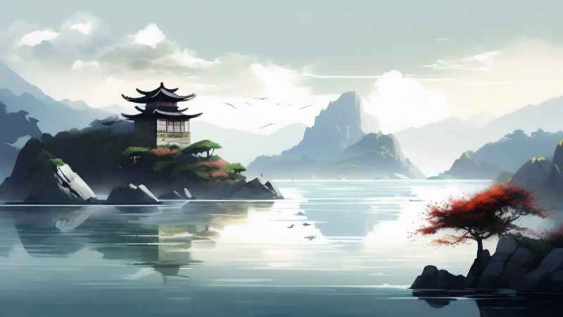 雾气缭绕大海山水画简约风格 38