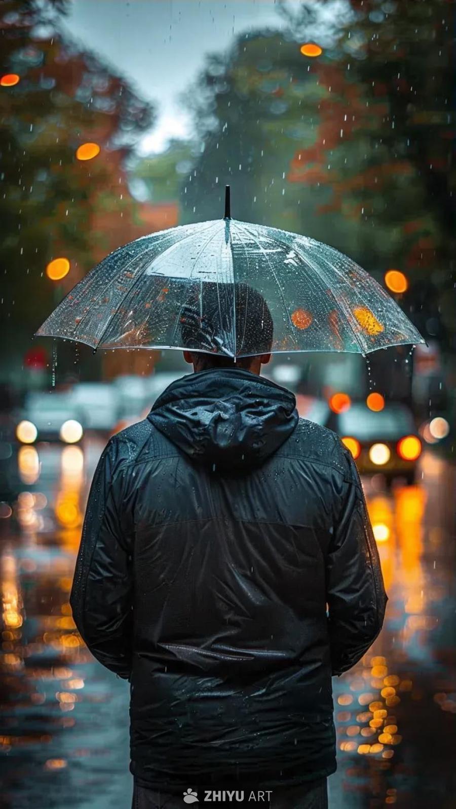 一个男人背对着镜头，站在雨中，撑着一把透明的雨伞。