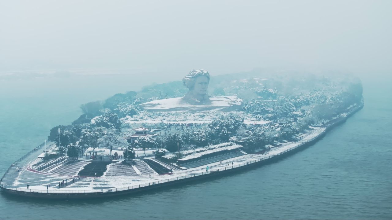 湖南长沙橘子洲头雪景航拍 2