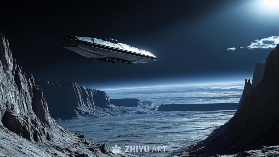 一艘宇宙飞船悬浮在水星表面30公里处，下方是崎岖的