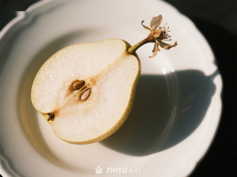 切开的梨子置于白色盘中 359