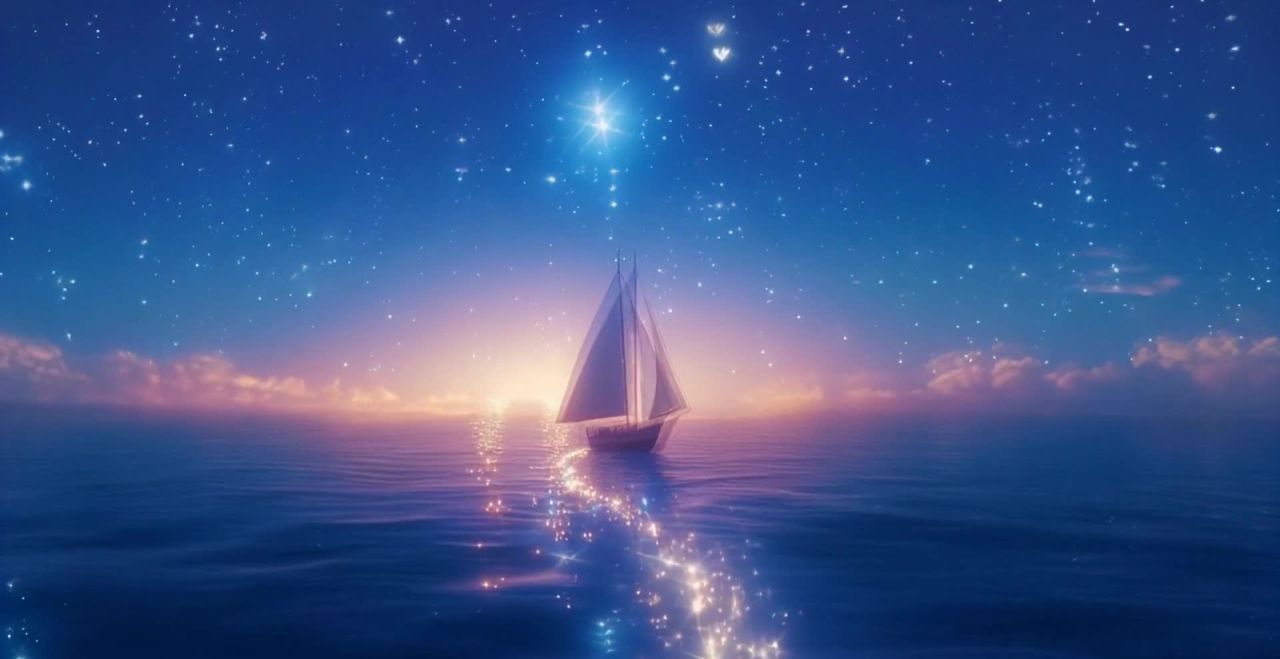 星光引航帆船，夜空星光，海面波光粼粼。