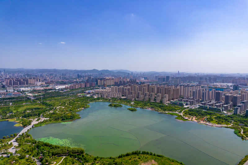 山东济南城市风光华山湖风景区航拍摄影图