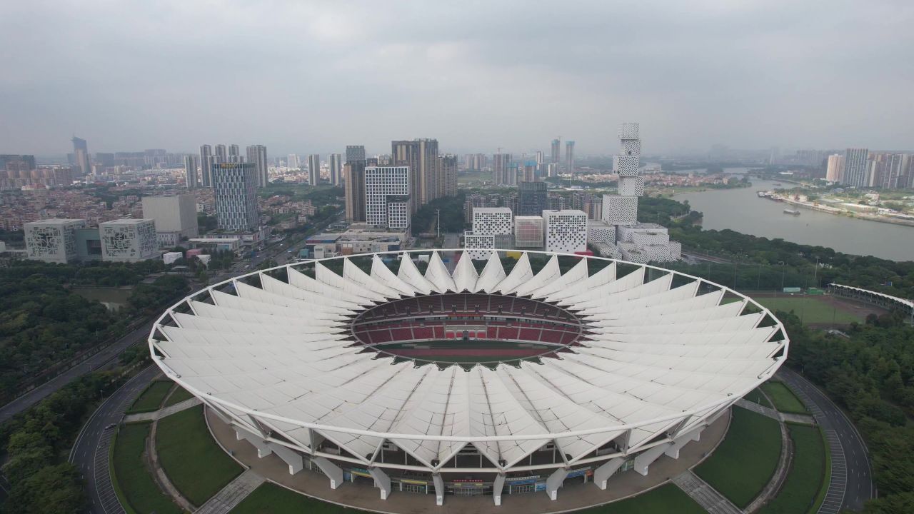 广东佛山世纪莲地标建筑航拍 
