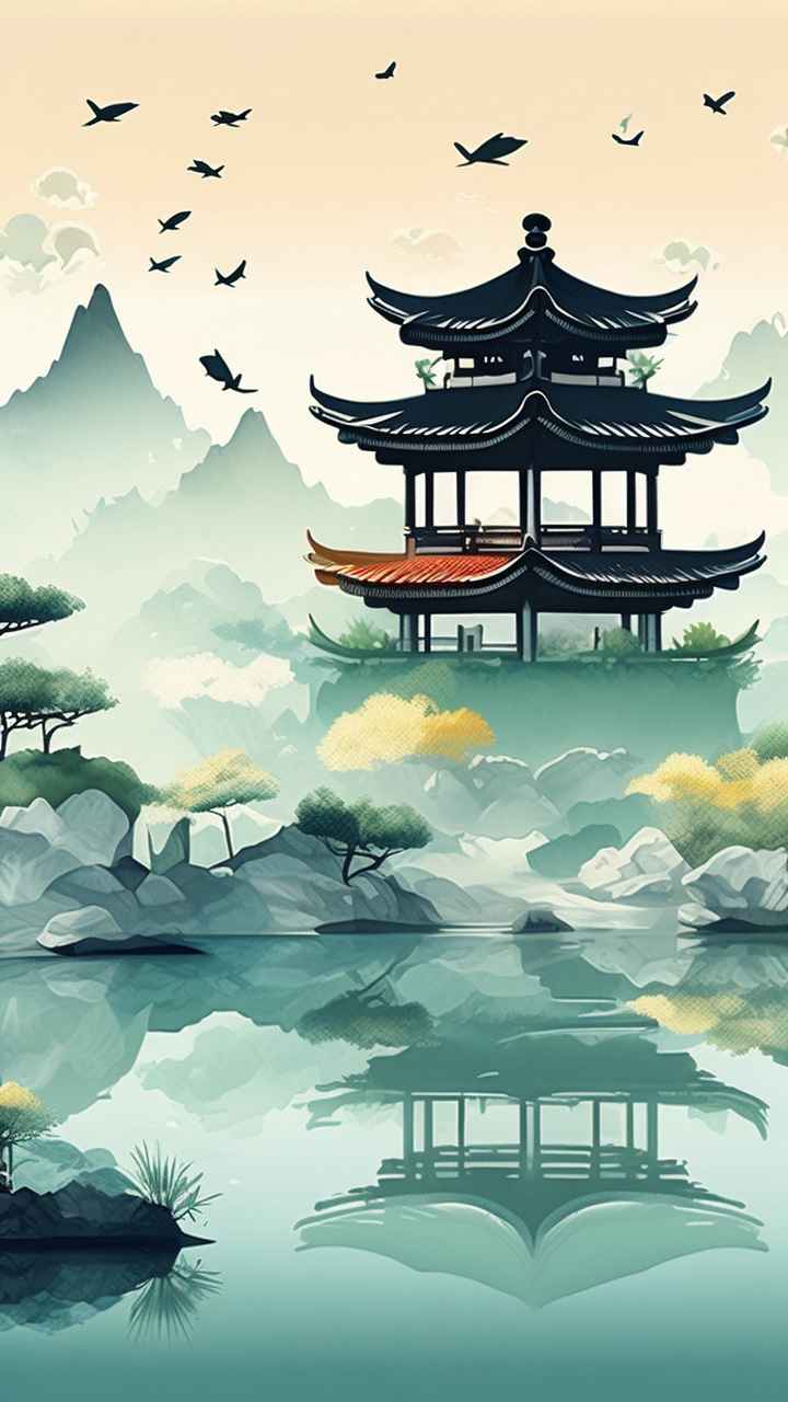 中国画园林植物水亭子插画 21