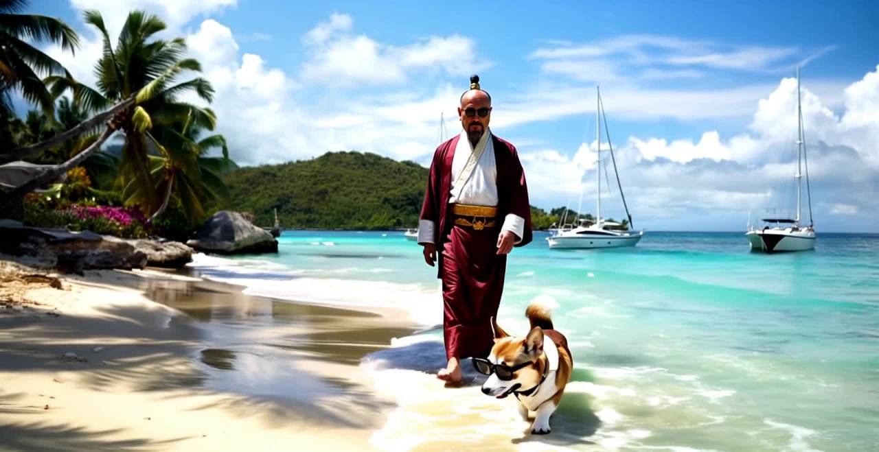 海滩上传统服饰男子与墨镜柯基犬