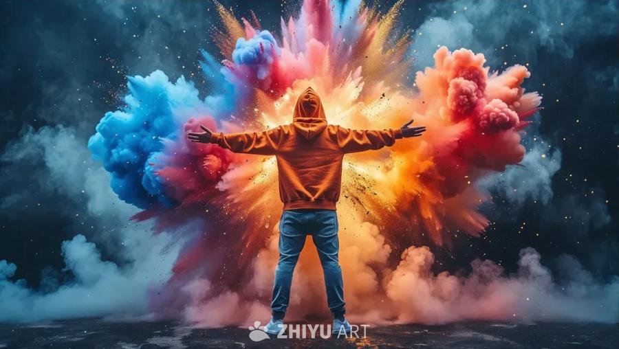 一人站在充满活力的彩色爆炸前，双臂伸展开，好像在控