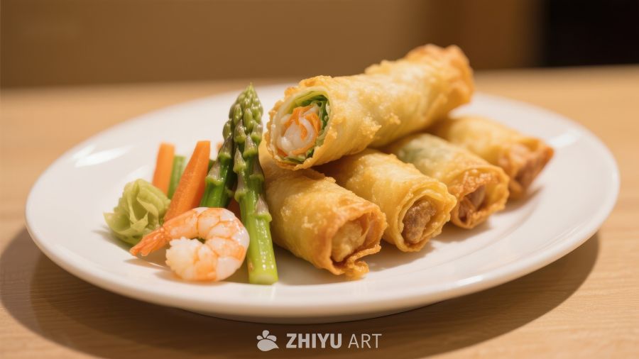 金黄春卷配鲜蔬虾仁