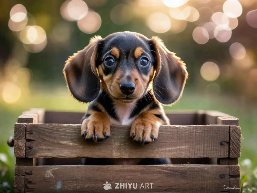 一只腊肠犬幼犬坐在一个老旧的木箱里，它长长的耳朵垂