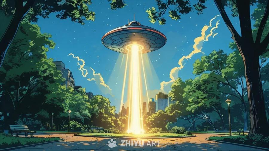 一艘宇宙飞船悬停在空中，一道明亮的光束从飞船射向附