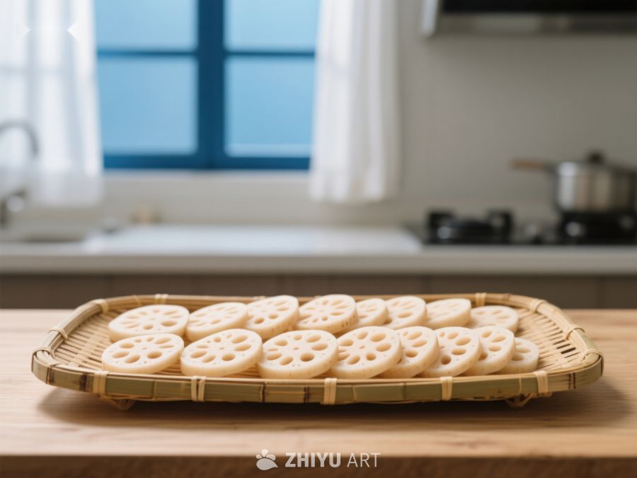 莲藕切片置于竹制托盘 182