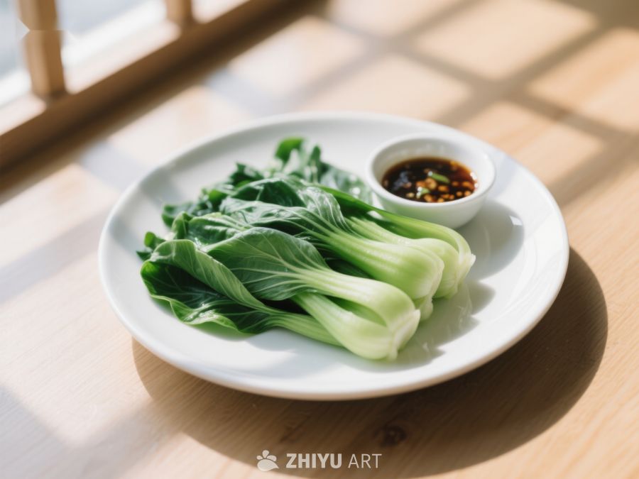 清脆青菜配蘸料，阳光洒落餐桌 347