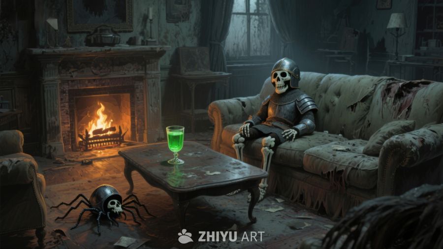 骷髅骑士在破旧客厅中休息