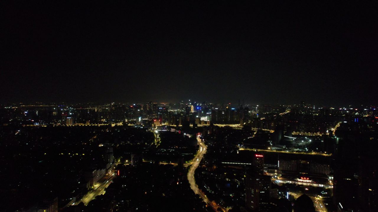 浙江杭州城市夜景灯光交通车两行驶航拍 
