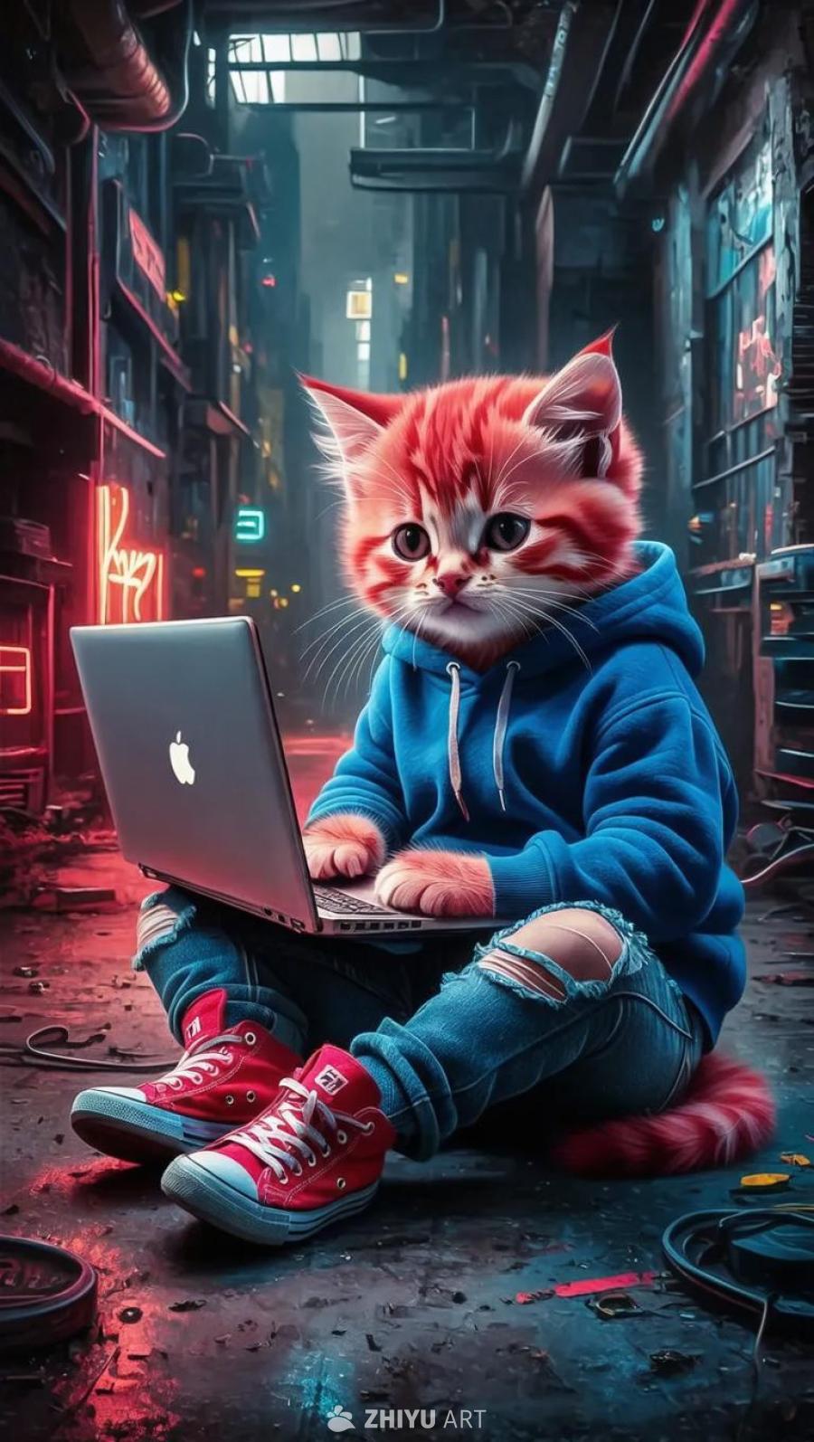 一只红色的苏格兰折耳猫坐在一个昏暗房间的肮脏地板上