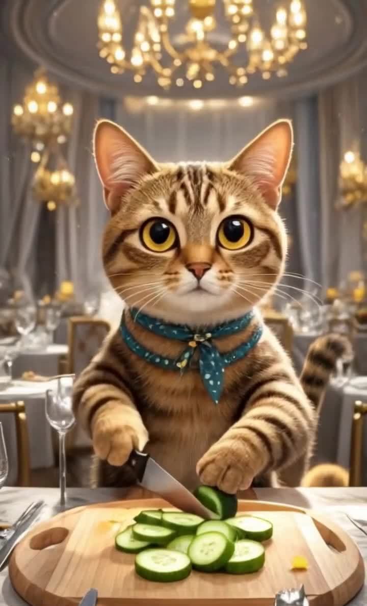 围巾虎斑猫优雅切黄瓜