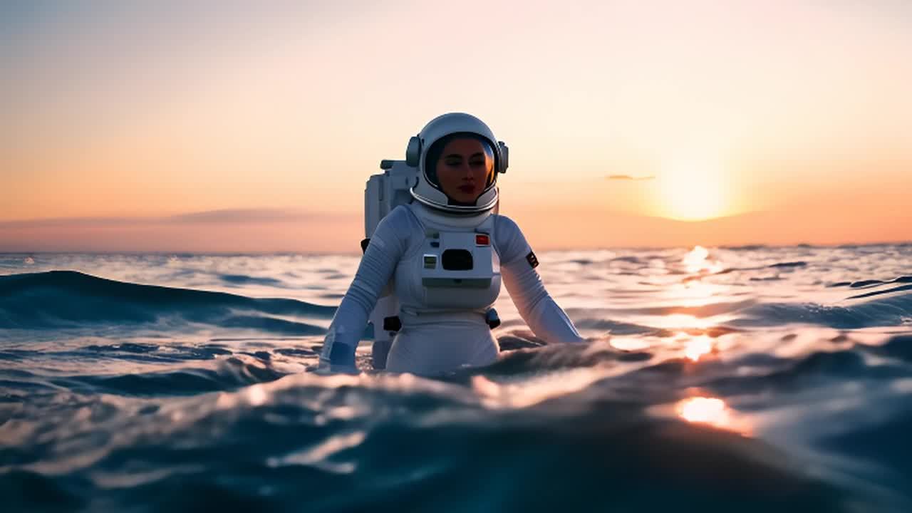 一位身穿白色宇航服的人站在海水中，海面有轻微波浪，