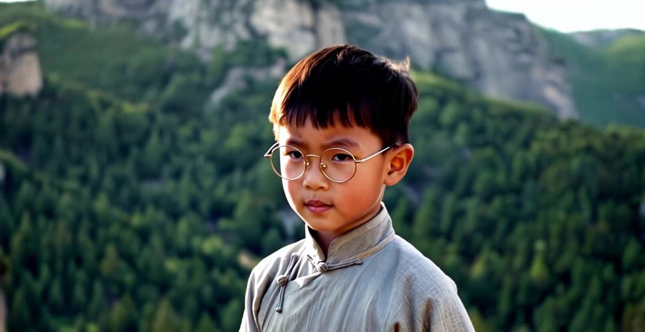戴着眼镜的中国男孩在山坡上微笑。