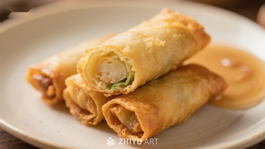 金黄酥脆的春卷配酱料