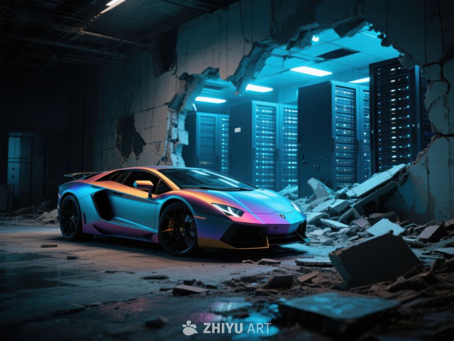 霓虹跑车停靠在破败数据中心 225