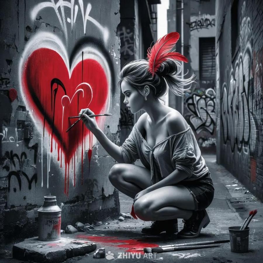 一名年轻的艺术家女性跪在地上，她穿着一件宽松的露肩