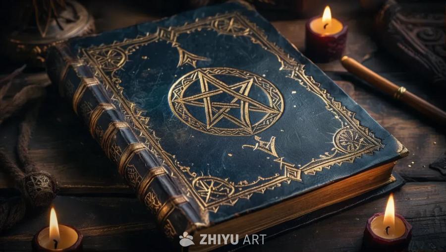 深色的魔法古籍放置在木质表面上，书的中央有一个金色