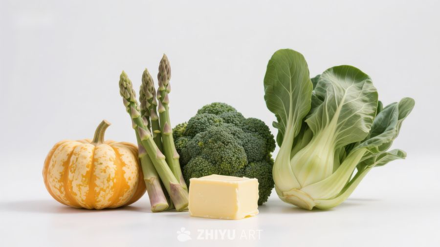 新鲜蔬菜与黄油静物展示