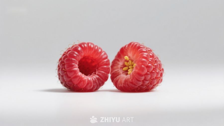 两颗新鲜的红树莓并排展示