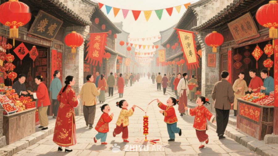 热闹春节街景，孩童放鞭炮 759