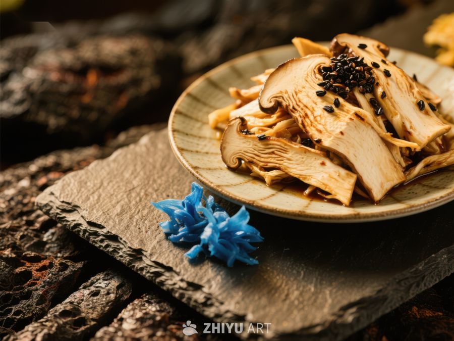 烤松茸配芝麻，精致摆盘 600