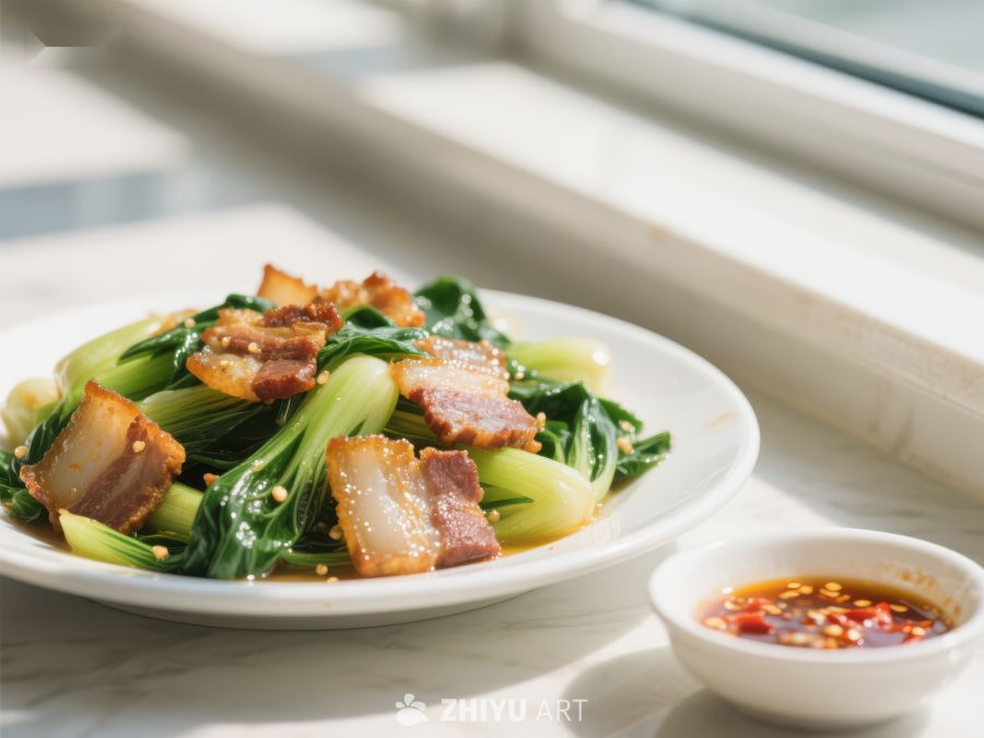 炒青菜配培根，佐以辣椒酱 51