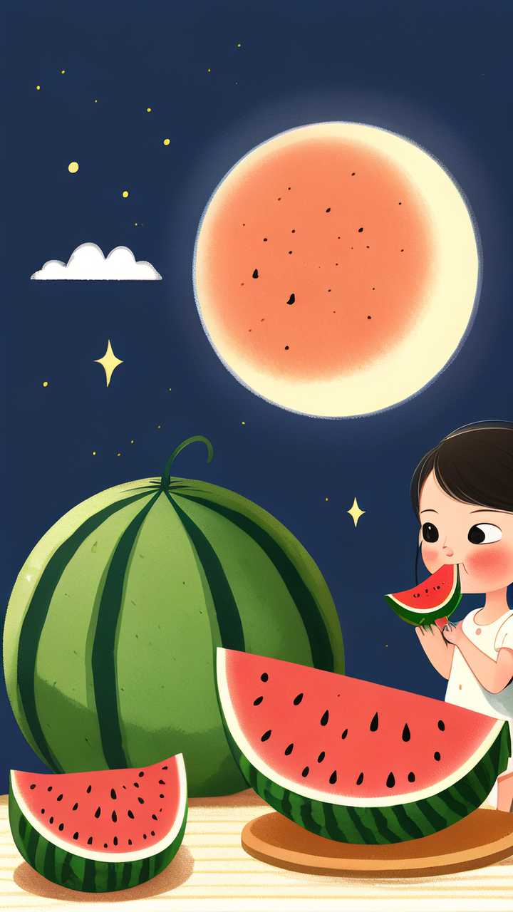 夜晚女孩吃西瓜插画
