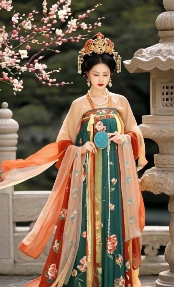 一名身着华丽古装礼服的女子站在庭院中，面带微笑，手
