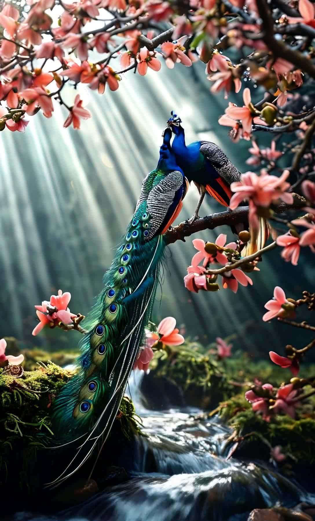 两只孔雀栖息在开满粉色花朵的树枝上。孔雀羽毛呈现蓝