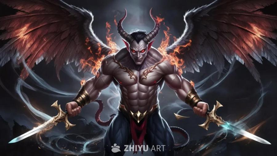 一个肌肉发达的动画突变体混合恶魔，头顶天使光环，手