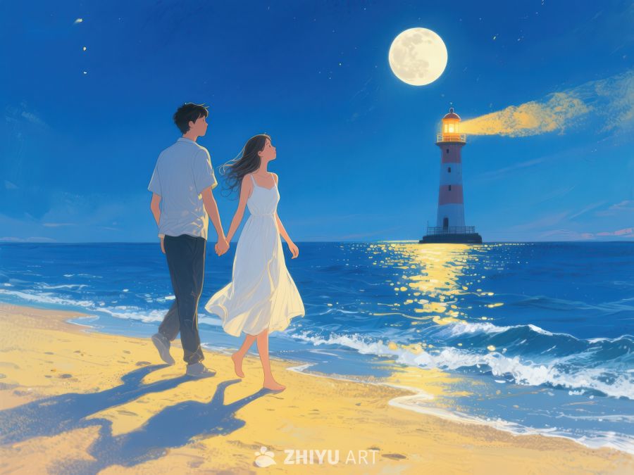 月下情侣漫步灯塔海滩 1142