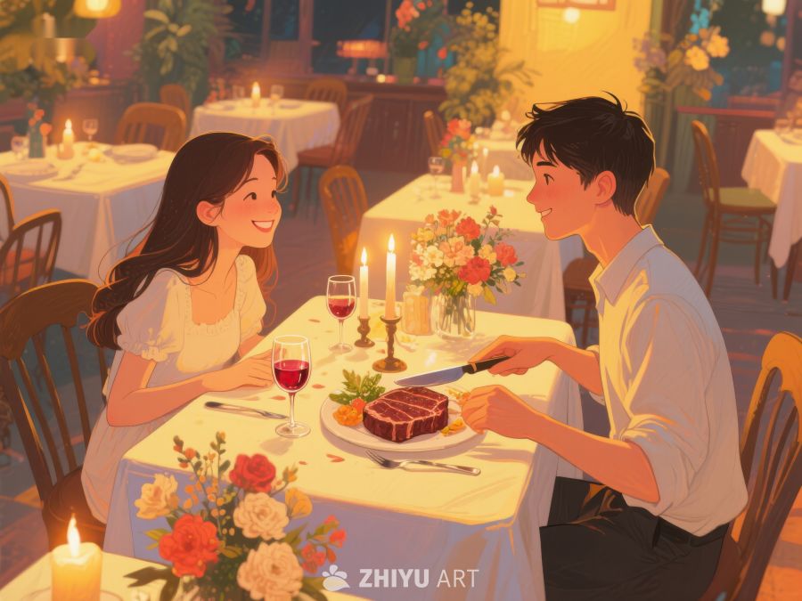 浪漫晚餐：情侣在温馨餐厅共享美食 442