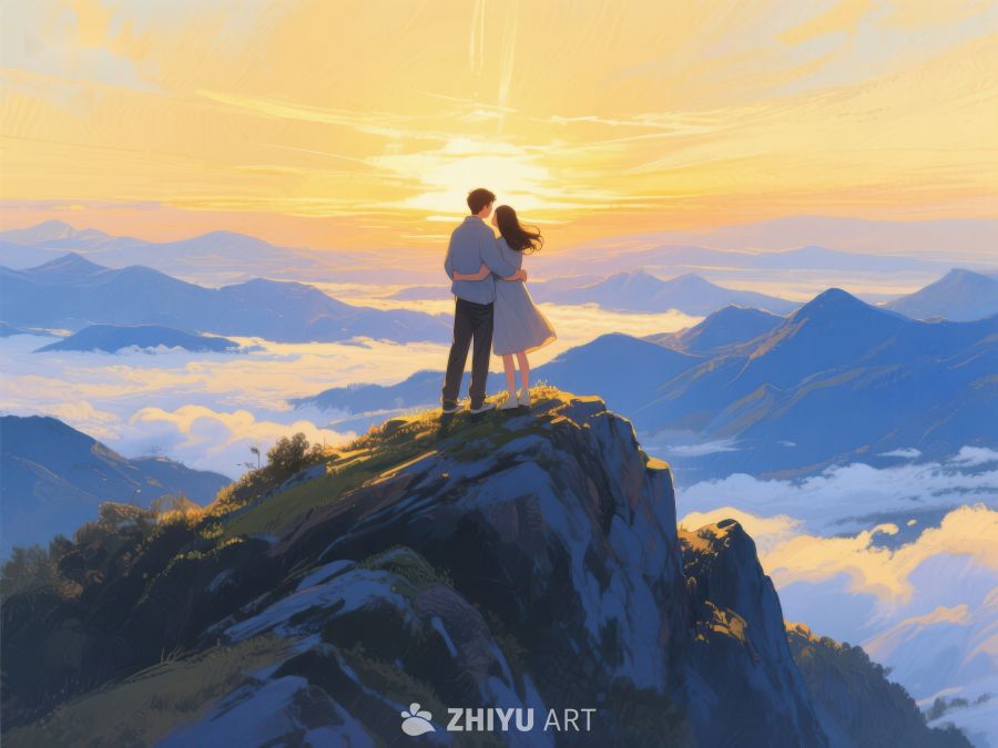 山顶情侣拥抱，共赏日落美景 649