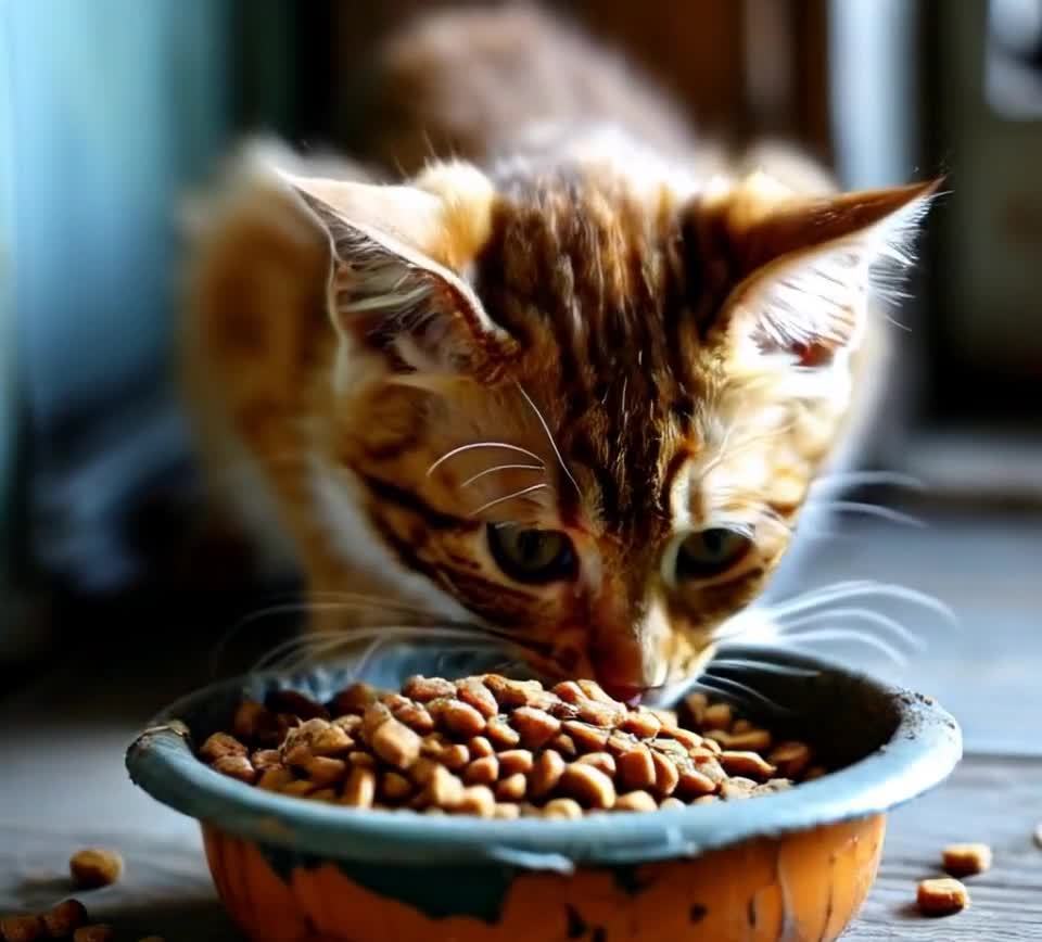 一只橘黄色的小猫正注视着装满猫粮的碗。猫的眼睛是绿