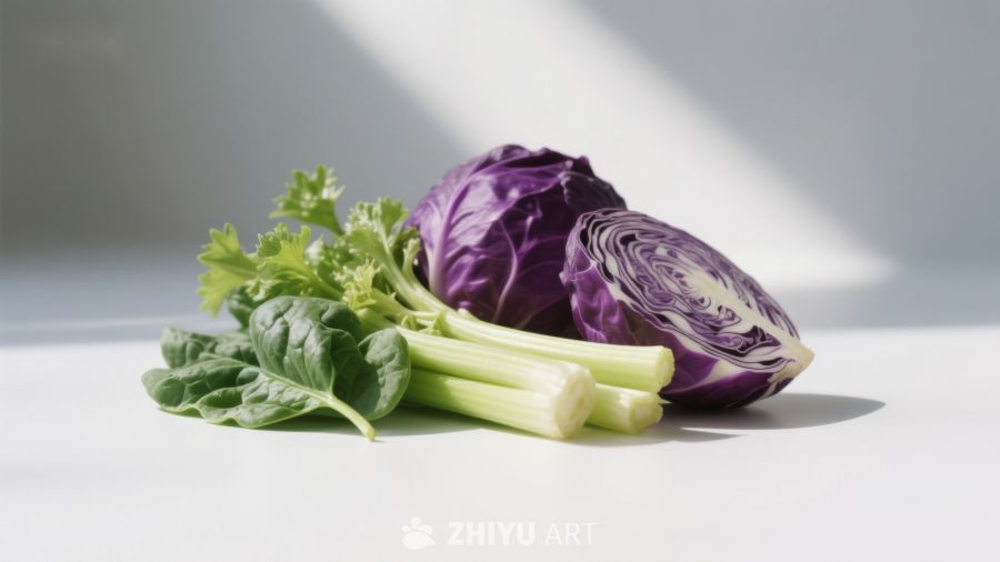 紫甘蓝与绿叶蔬菜静物