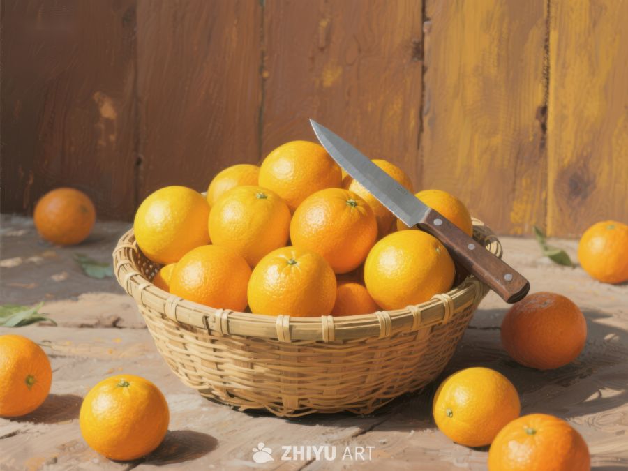 竹篮中的橙子与刀具 792