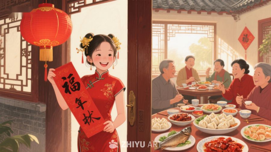 春节家庭聚餐，女子手持福字迎新春 12