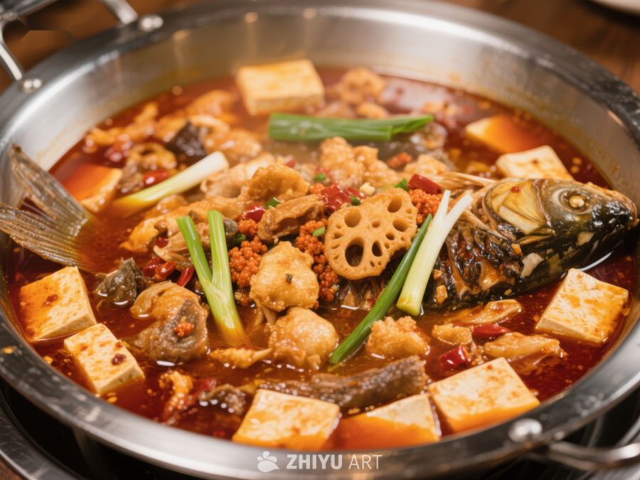 麻辣火锅鱼，配豆腐与蔬菜 384
