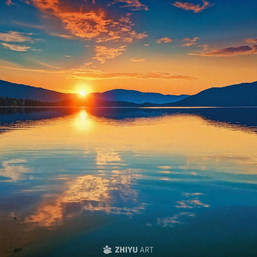 平静的水面，可能是湖泊或海湾，背景是美丽的日落。太