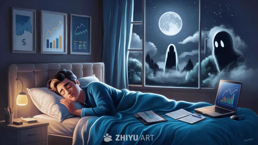 夜晚的卧室里，一个人睡在床上。窗外是月亮和云朵，以